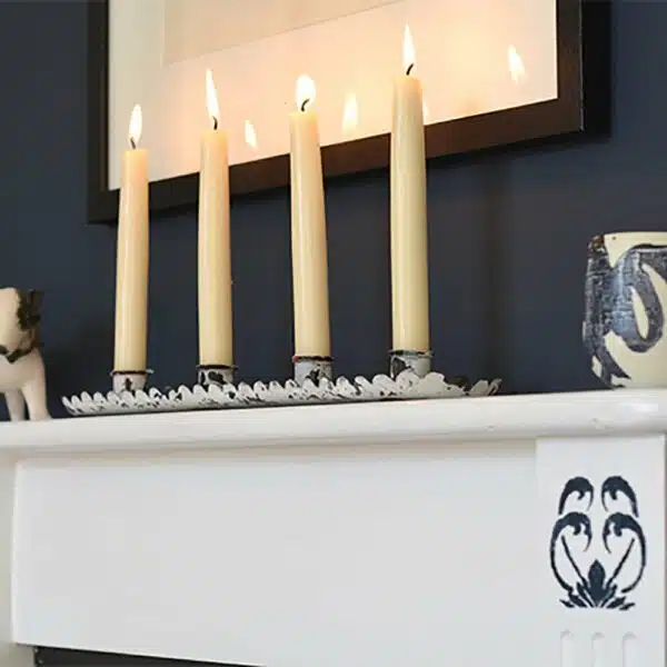 Thorndown Swan-White-WP-mantlepiece-with-Bishop-Blue-stencils