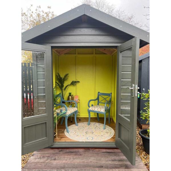 Frenchmoor-shed-in-Thorndown-Yew-Green-and-Gromwell-Green-Wood-Paint