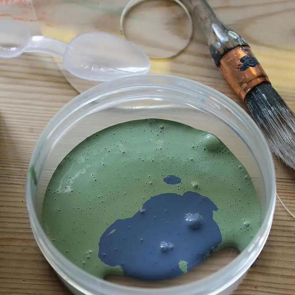 Mixing-Reed-Green-and-Peregrine-Blue-Wood-Paint-colours
