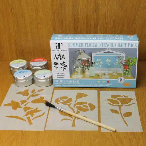Thorndown-Peelable-Glass-Paint-Summer-Floral-Stencil-Craft-Pack-contents