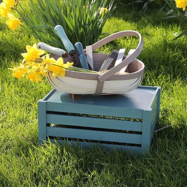 Thorndown-Brue-Blue-Wood-Paint-on-crate-with-Cow-Parsley-White-and-Ottery-Brown-on-trug