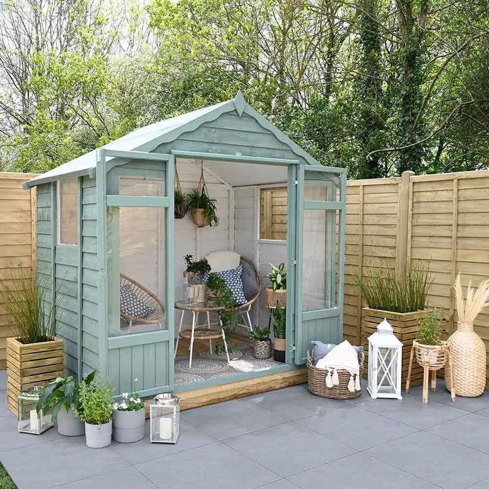 Thorndown-Bullrush-Green-and-RAL-9003-Wood-Paint-on-Oakley-Summerhouse_sq