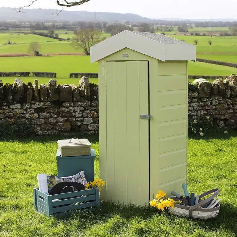 Thorndown-Rhyne-Green-Wood-Paint-Small-Storage-Shed-with-Trug-in-Cow-Parsley-White-and-Ottery-Brown-and-Crates-in-Brue-Blue-and-Launcherley-Blue