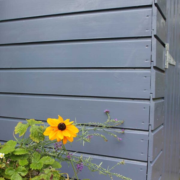 Thorndown-Hartlake-Blue-Wood-Paint-on-shed-with-flowers