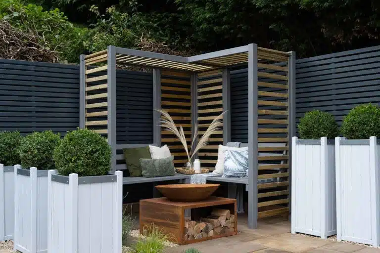 Thorndown-RAL-7037-Dusty-Grey-Wood-Paint-on-Firenze-Corner-Arbour-and-Greymond-on-Slender-Planters_3