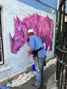 Frank-Harwood_painting-Pink-Rhino-wall-mural_Thorndown-Wood-Paint