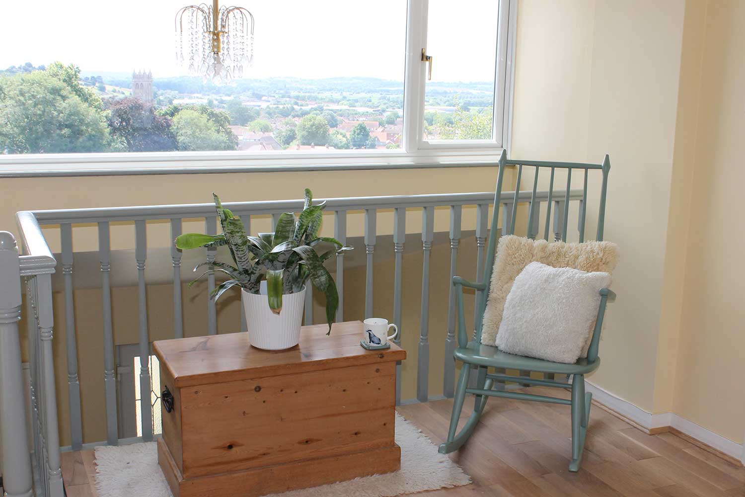 Thorndown-Bullrush-Green-Wood-Paint-on-Rocking-Chair-by-Spray-Box-and-Tree-Lichen-bannisters_3